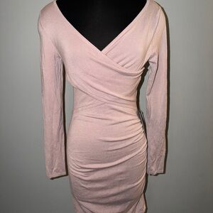 NEW Express Blush Pink Wrap Bodycon Dress S Long Sleeve Ruched Mini